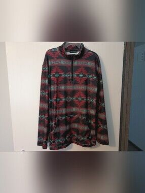 Ladies Burgundy And Teal Aztec Quarter-Zip Pullover Sweater